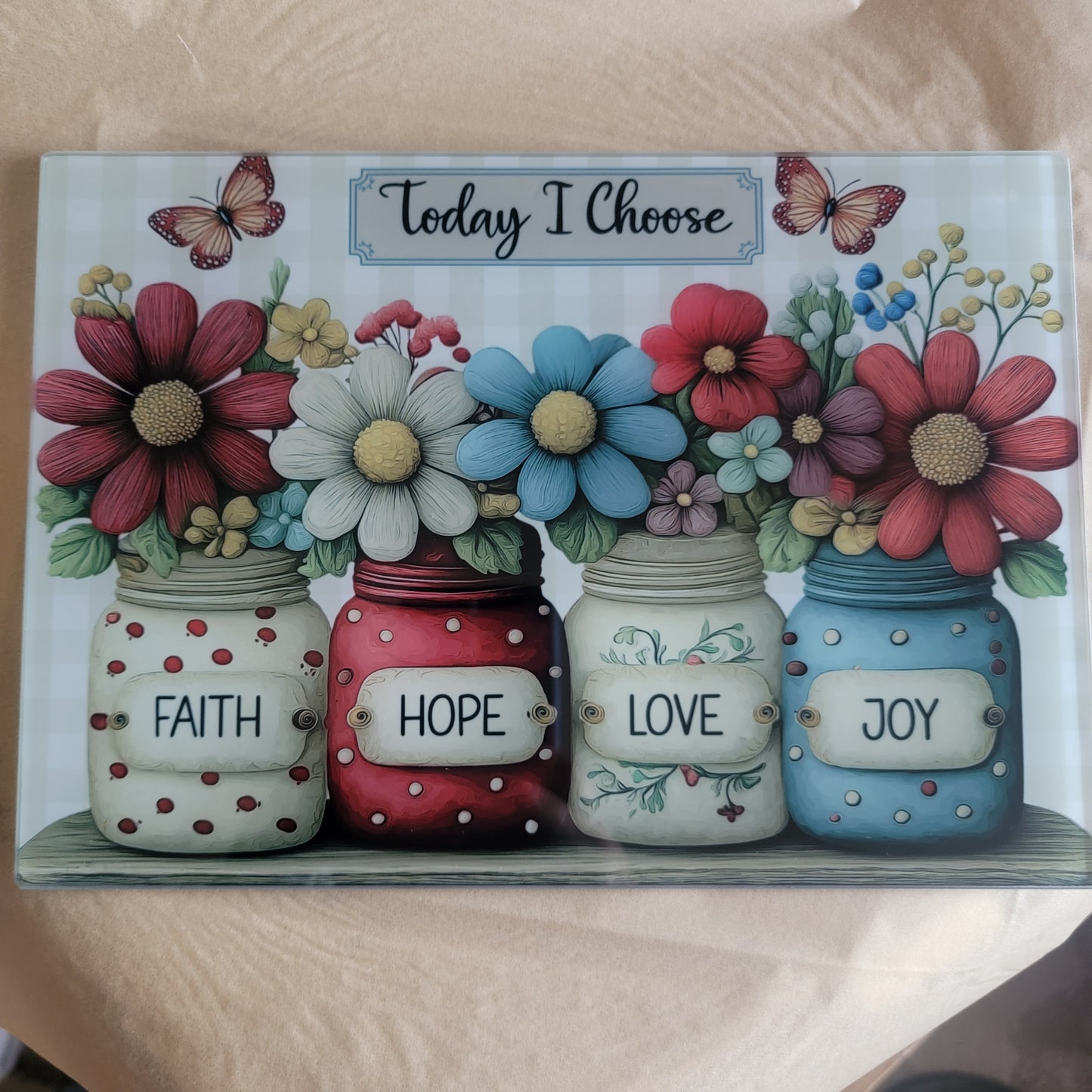 Faith Hope Love Joy Glass Cutting Board