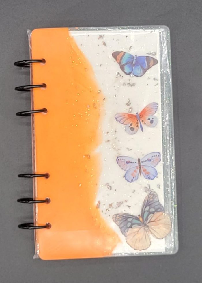 One-of-a-Kind Resin Notebook- Orange/Silver/Butterflies image 1