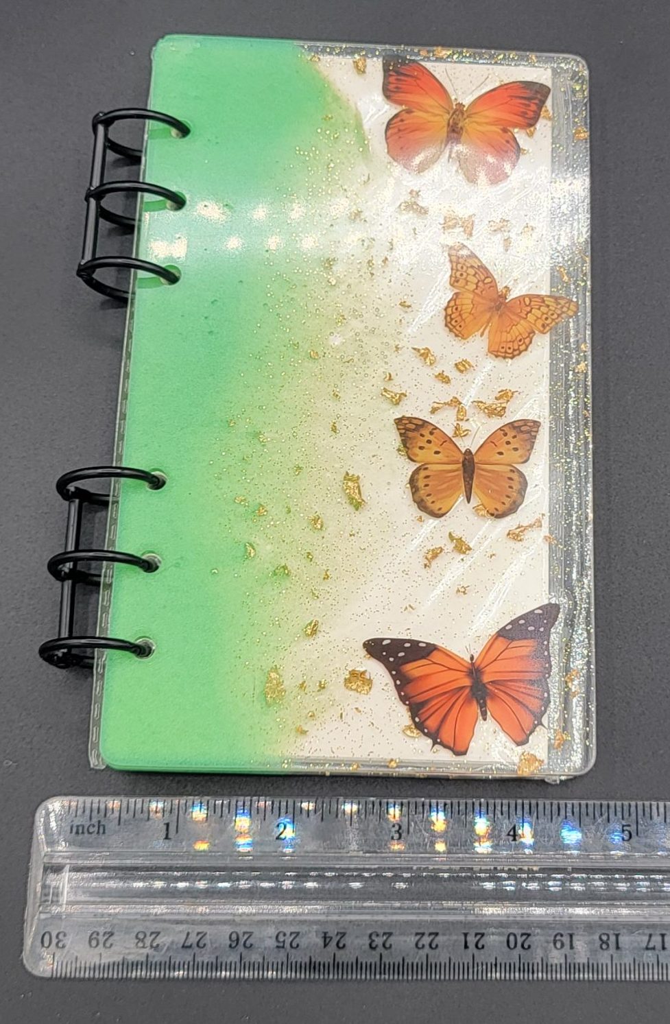 One-of-a-Kind Resin Notebook- Green/Gold/Orange Butterflies image 5