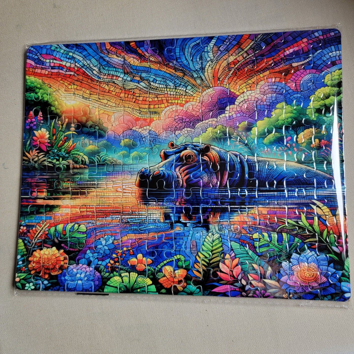 Mosaic Hippo in a Vibrant Lake 120-Piece Sublimated Puzzle