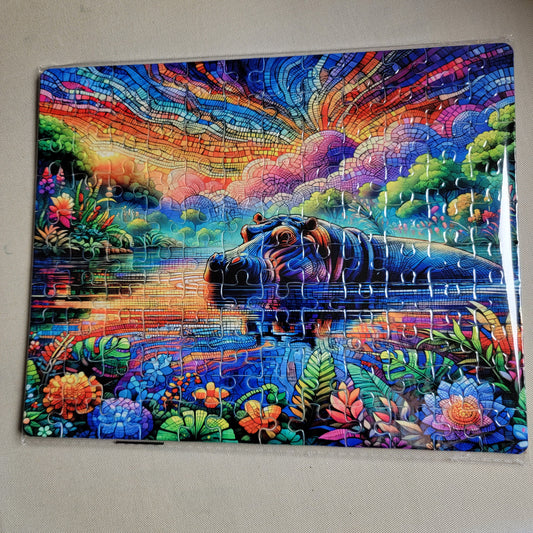 Mosaic Hippo in a Vibrant Lake 120-Piece Sublimated Puzzle