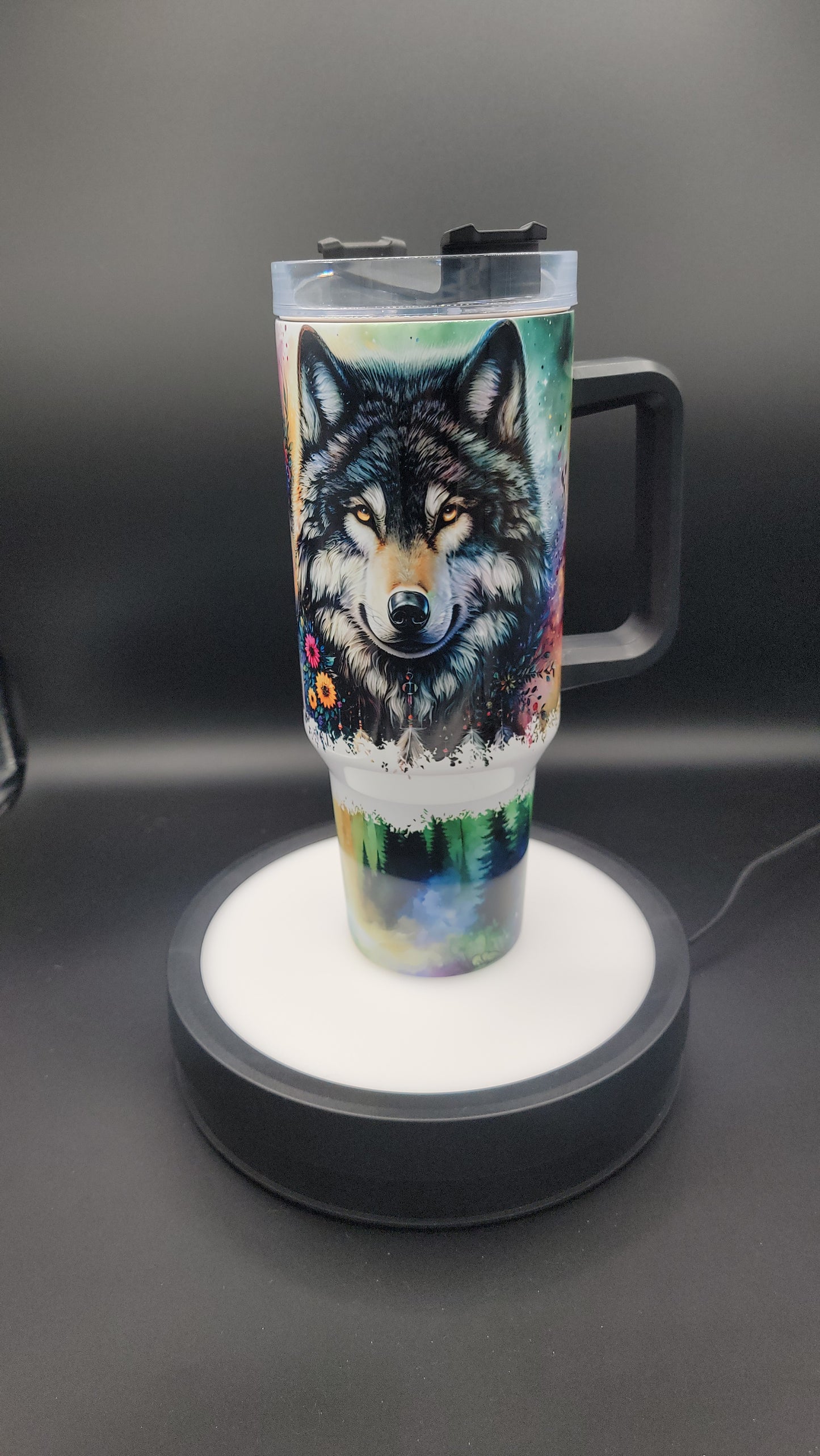 40oz Tumbler Northern Lights Wolf
