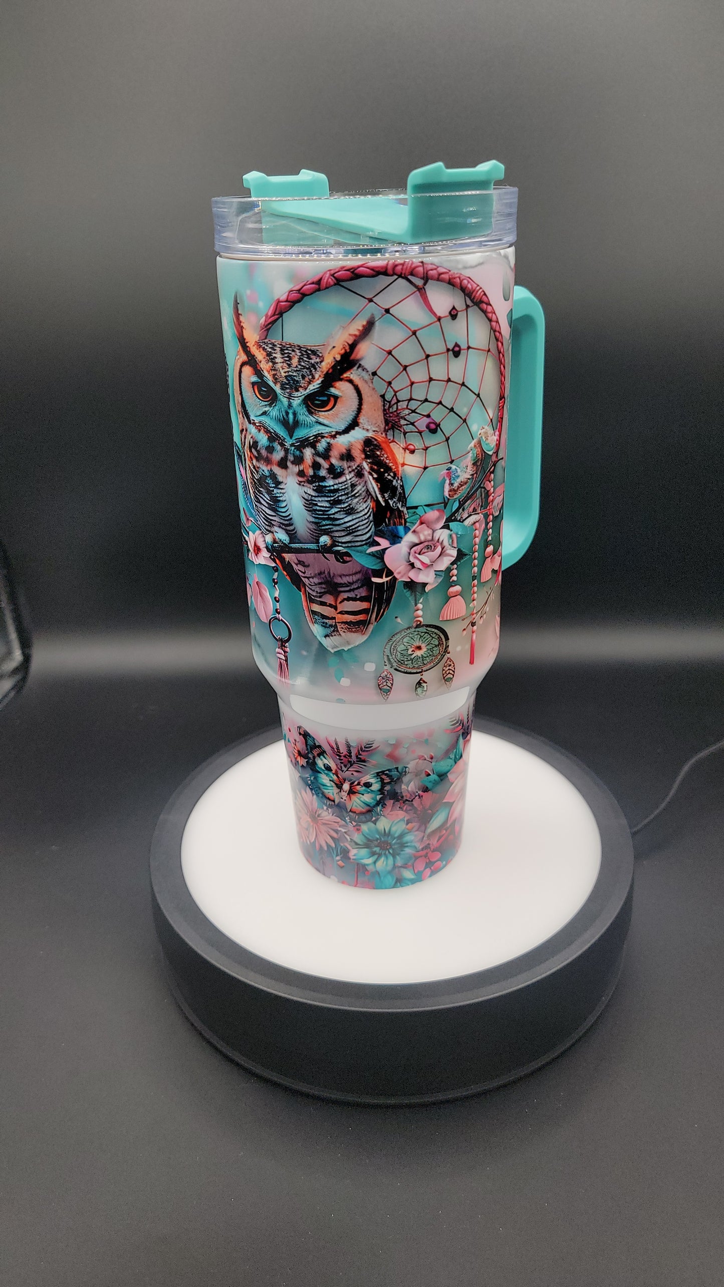 40 oz Tumbler Owl Pink Blue Flowers