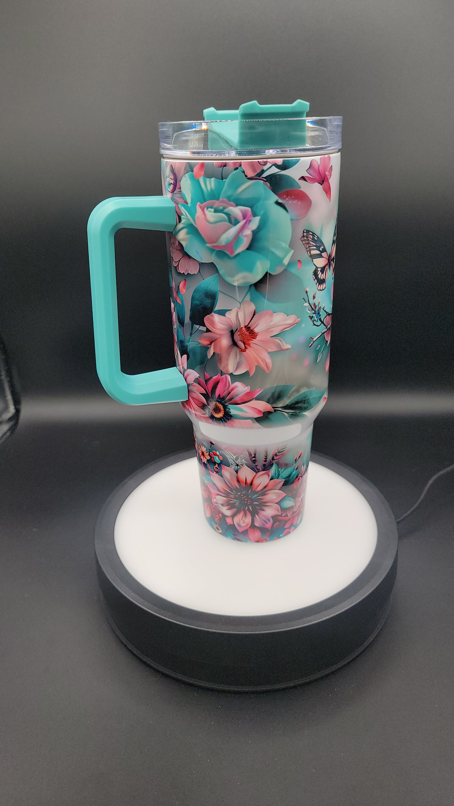 40 oz Tumbler Owl Pink Blue Flowers