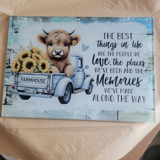 Highland Cow Sunflower Truck Glass Cutting Board