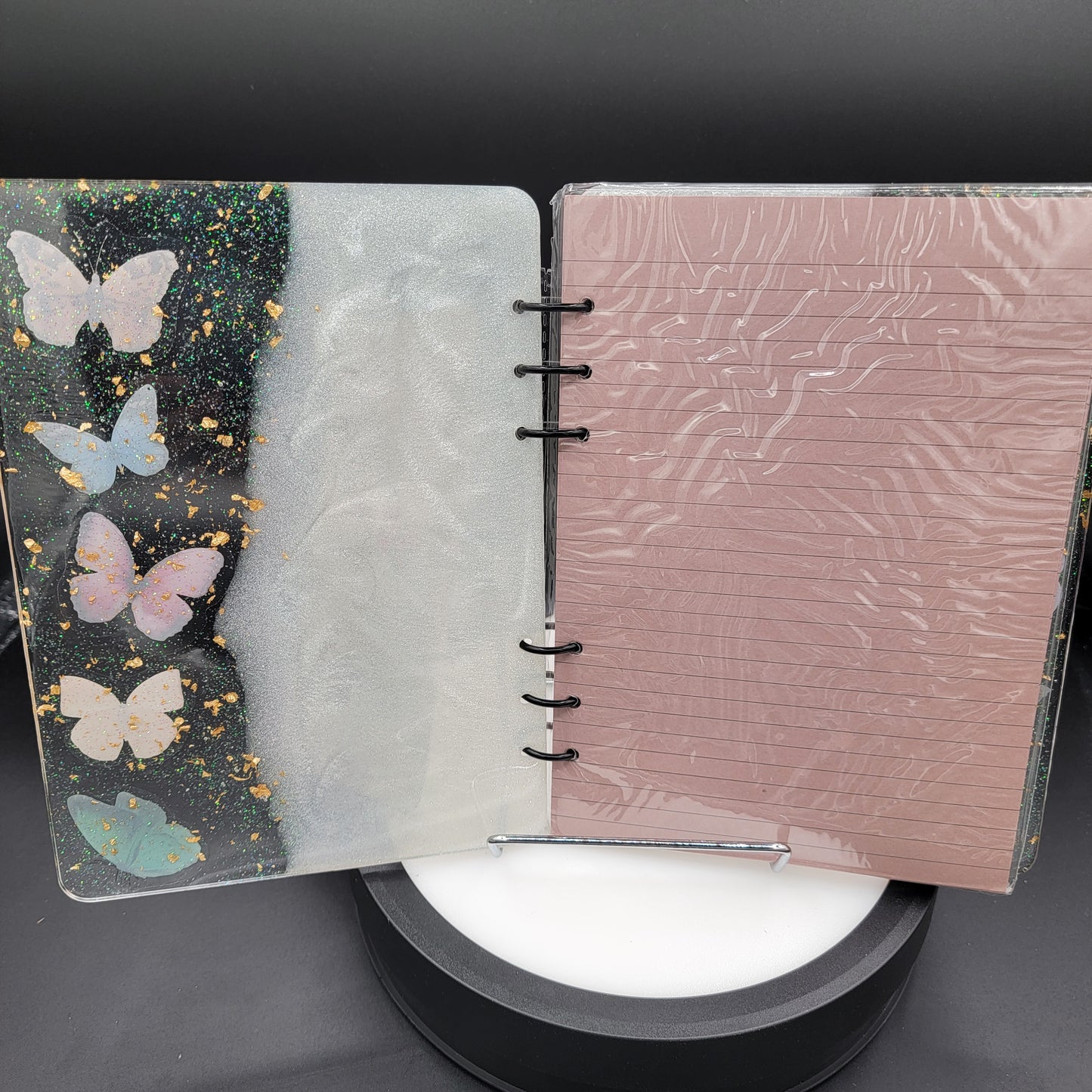 Open journal with a dark background