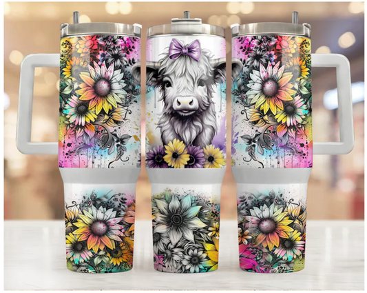 40 oz Tumbler Highland Cow Sunflowers