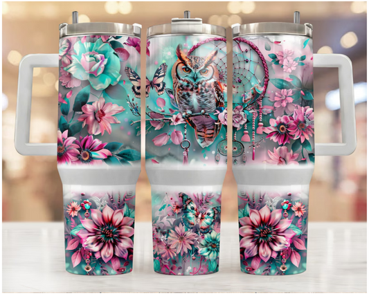 40 oz Tumbler Owl Pink Blue Flowers