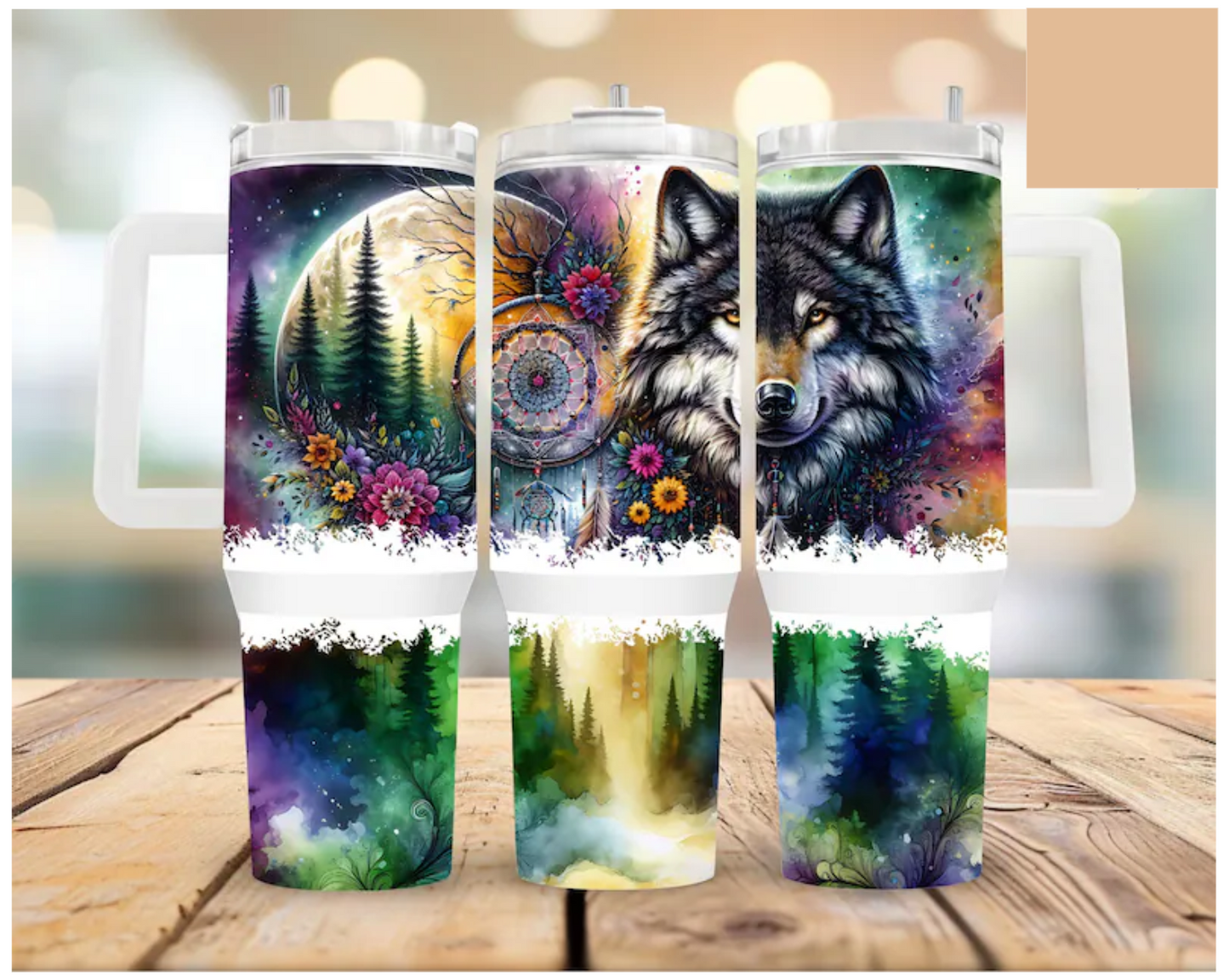 40oz Tumbler Northern Lights Wolf